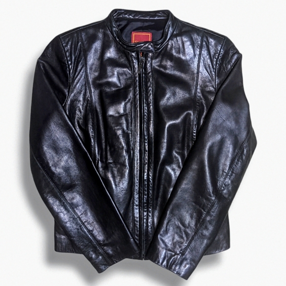 Cole Haan City | Black Lambskin Leather Vented Racer Jacket Women's Size M - Picture 2 of 7